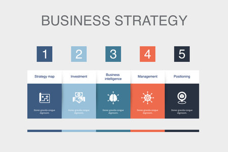 strategy map, investment, business intelligence, management, Positioning, icons Infographic design layout template. Creative presentation concept with 5 stepsのイラスト素材