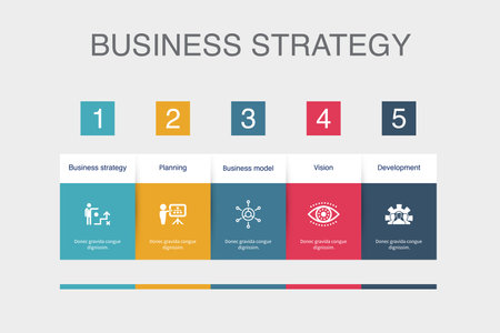 Business strategy, planning, business model, vision, development, icons Infographic design layout template. Creative presentation concept with 5 stepsのイラスト素材