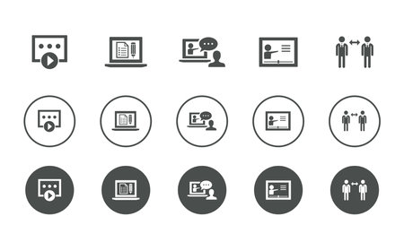 video course, Distance exam, Online coaching, distance teacher, communication, icons set design template. Creative concept icons set 5 elements layoutのイラスト素材