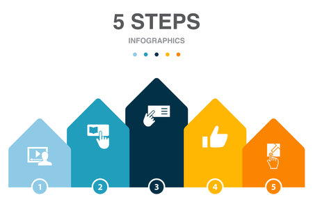 watch video, learn more, read more, like, visit link, icons Infographic design layout template. Creative presentation concept with 5 stepsのイラスト素材