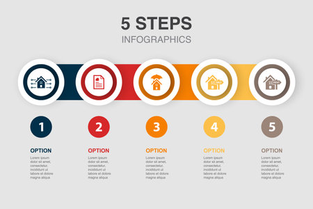 Real Estate, Property, Realtor, property search, property location, icons Infographic design layout template. Creative presentation concept with 5 stepsのイラスト素材