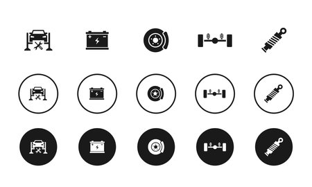 car service, battery, disk brake, suspension, shock absorber, icons set design template. Creative concept icons set 5 elements layoutのイラスト素材