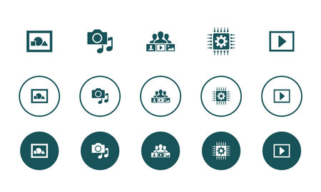 illustration, media, social content, technology, video, icons set design template. Creative concept icons set 5 elements layoutのイラスト素材