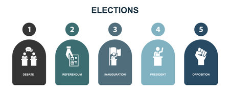 debate, Referendum, Inauguration, president, Opposition, icons Infographic design layout template. Creative presentation concept with 5 stepsのイラスト素材