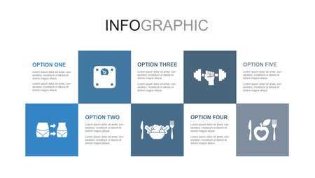 weight loss, body scale, healthy food, gym, diet, icons Infographic design layout template. Creative presentation concept with 5 stepsのイラスト素材