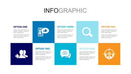 social friends, social media app, chat, search, SMM, icons Infographic design layout template. Creative presentation concept with 5 stepsのイラスト素材