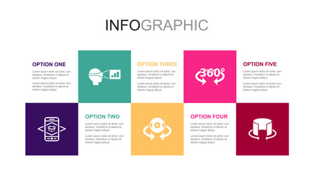 Augmented reality, VR presentation, 360 camera, 360 view, VR tour, icons Infographic design layout template. Creative presentation concept with 5 stepsのイラスト素材