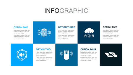 Voice User Interface, Smart speaker, Smart assistant, IOT, Assistance, icons Infographic design layout template. Creative presentation concept with 5 stepsのイラスト素材