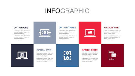 online banking, online transaction, funds transfer, online payment, mobile banking, icons Infographic design layout template. Creative presentation concept with 5 stepsのイラスト素材