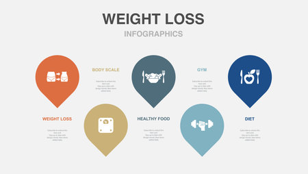 weight loss, body scale, healthy food, gym, diet, icons Infographic design layout template. Creative presentation concept with 5 stepsのイラスト素材