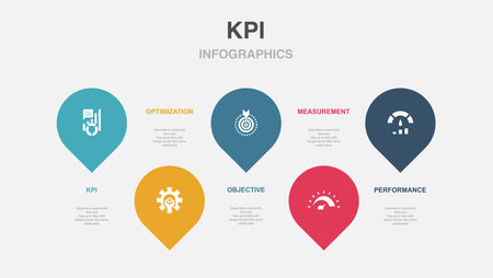 KPI, optimization, objective, measurement, performance, icons Infographic design layout template. Creative presentation concept with 5 stepsのイラスト素材