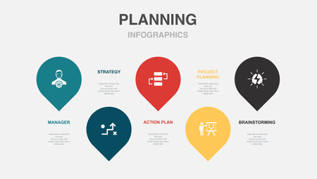 manager, Strategy, Action Plan, Project Planning, brainstorming, icons Infographic design layout template. Creative presentation concept with 5 stepsのイラスト素材