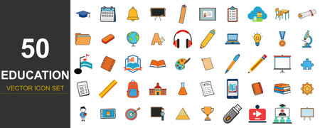 A vibrant vector icon set featuring 50 distinct symbols representing various aspects of education, learning, and school activities, presented in a clean, flat design style.のイラスト素材