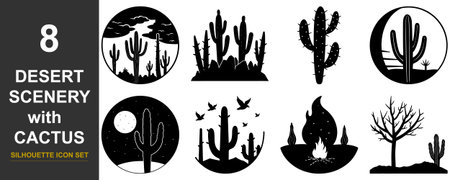 A collection of eight black silhouette icons depicting various desert scenes. These include cacti under a moonlit sky, desert landscapes with saguaros, and a campfire scene.のイラスト素材