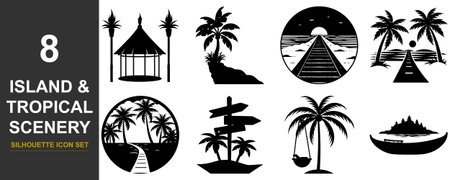 This set features eight distinct black silhouette icons showcasing tropical island scenes, including palm trees, beaches, roads, a gazebo, and a canoe, ideal for travel or vacation themes.のイラスト素材