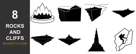 A set of eight distinct icons featuring various rock formations and cliff edges. The silhouette style is a key characteristic of this graphic collection.のイラスト素材