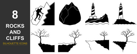 A set of eight distinct graphic icons depicting various rocky landscapes, including a climber, a large rock formation, lighthouses on cliffs, and trees on cliff edges, all presented in a clean silhouette style.のイラスト素材