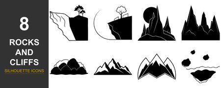 A set of eight distinct graphic icons representing various rock formations, mountains, and cliff edges. The silhouette style provides a clean and bold visual representation of these natural elements.のイラスト素材