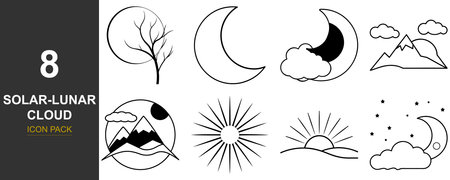 A striking design featuring celestial bodies and atmospheric elements rendered in a bold silhouette style. This graphic captures the interplay of sun, moon, and clouds.のイラスト素材
