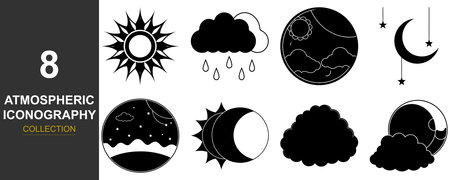 This icon set presents a variety of atmospheric elements rendered in a distinctive silhouette style. The collection includes icons suitable for weather, nature, and abstract concepts, all in a clean, graphic format.のイラスト素材