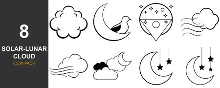 A striking design featuring the sun, moon, and clouds in a distinct silhouette style. This graphic captures a celestial theme with bold, simple shapes.のイラスト素材