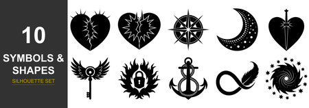 A versatile graphic design asset featuring a diverse array of abstract geometric forms and symbolic elements. The distinct silhouette style makes it ideal for impactful visual compositions.のイラスト素材