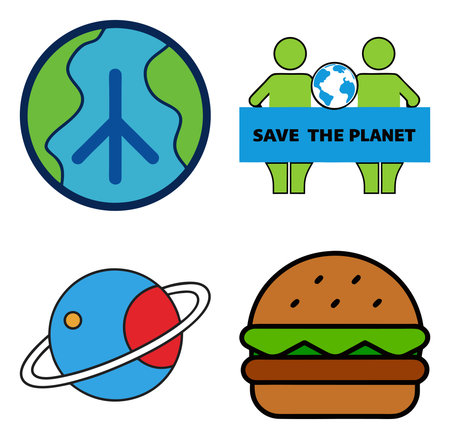 A collage of four icons: a peace sign on Earth, people holding a save the planet banner, a ringed planet, and a hamburger.のイラスト素材