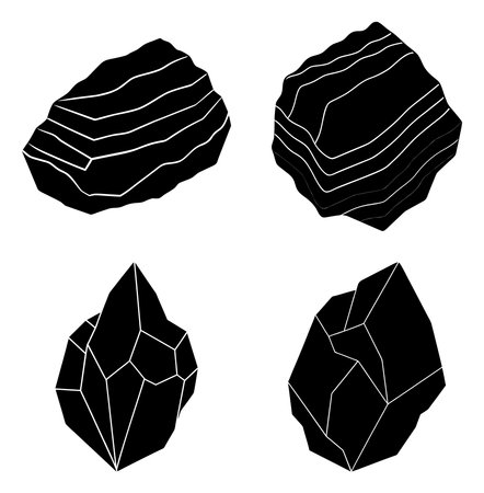 A collection of four black mineral rock samples, each depicted with unique textures and crystalline formations, presented against a white background.のイラスト素材