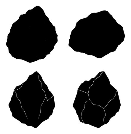 A collection of four distinct, irregularly shaped black rocks are presented against a clean white backdrop, showcasing their textured surfaces.のイラスト素材