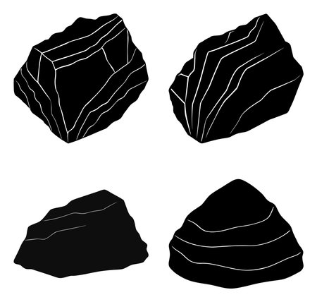 A collection of four distinct black rocks, each rendered with white lines suggesting texture and form in a hand-drawn illustration.のイラスト素材
