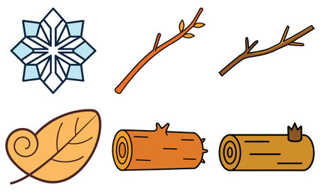 A collection of stylized winter and autumn nature elements including a snowflake, a fallen leaf, two branches, and two logs.のイラスト素材