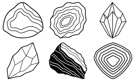 A set of six distinct hand-drawn illustrations featuring various mineral and crystal formations with unique patterns and geometric shapes.のイラスト素材