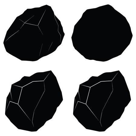 A set of four distinct black obsidian rock fragments, showcasing their natural, irregular shapes and sharp, fractured edges against a white background.のイラスト素材