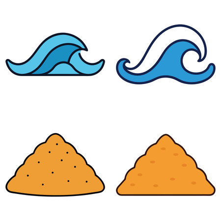A simple, colorful illustration featuring two stylized blue ocean waves above two cartoonish sand piles on a white background.のイラスト素材