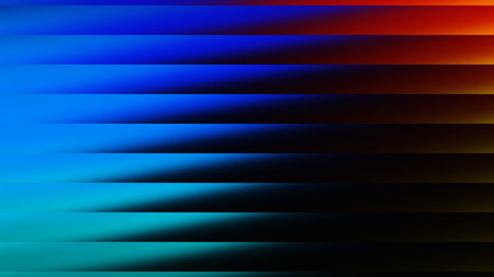 A digital abstract background featuring horizontal lines with a gradient of bright blue to dark red...