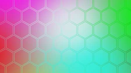 A mesmerizing abstract background featuring a repeating hexagonal pattern that transitions smoothly through a gradient of pink, teal, and green.の写真素材