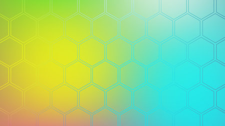 A digital artwork featuring a hexagonal grid with a smooth color transition from yellow to green to...