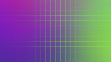 A smooth gradient transitions from deep purple to bright green, overlaid with a faint, intersecting grid pattern.の写真素材