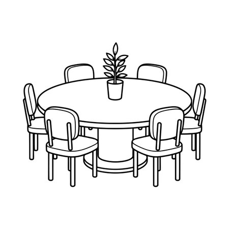 This image features a simple outline drawing of an oval dining table surrounded by chairs, with a potted plant at its center. Perfect for a coloring book for all ages.のイラスト素材