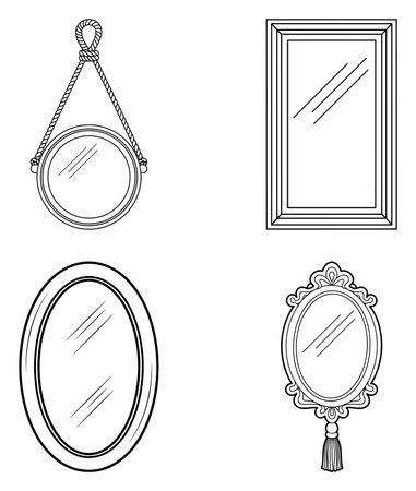 Four distinct styles of decorative mirrors in line art format, perfect for coloring activities and artistic projects.のイラスト素材