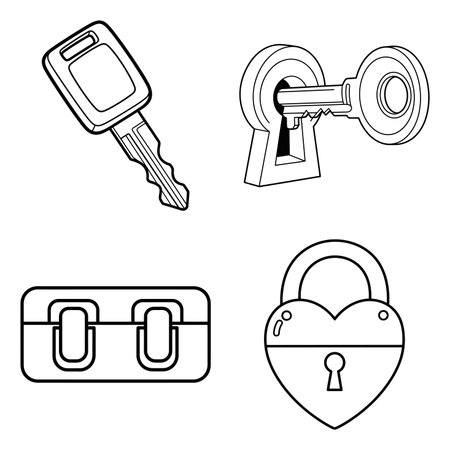 Collection of vintage keys locks and heart padlock line art illustration for children's simple coloring bookのイラスト素材