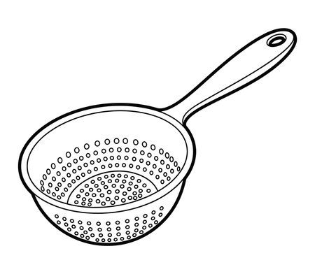 A line drawing of a kitchen strainer, featuring a bowl with numerous small holes and an attached handle for easy use during cooking.のイラスト素材