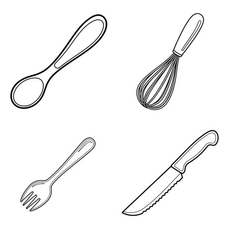 A sketch of four common kitchen utensils: a spoon, a fork, a knife, and a whisk, presented individually. Perfect for culinary designs.のイラスト素材