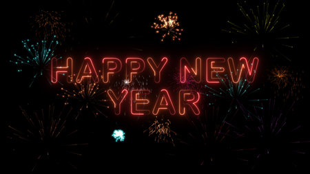 A vibrant and festive image showcasing a Happy New Year celebration with colorful fireworks illuminating the dark night sky, creating a joyful and exciting atmosphere.の写真素材
