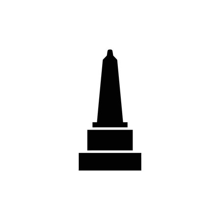 A minimalist black silhouette icon of a monument structure, featuring a tall, tapering obelisk-like shape set upon a stepped, multi-tiered rectangular base. The design is presented in flat, solid black against a plain white background, emphasizing its use as a symbol or graphic element.のイラスト素材