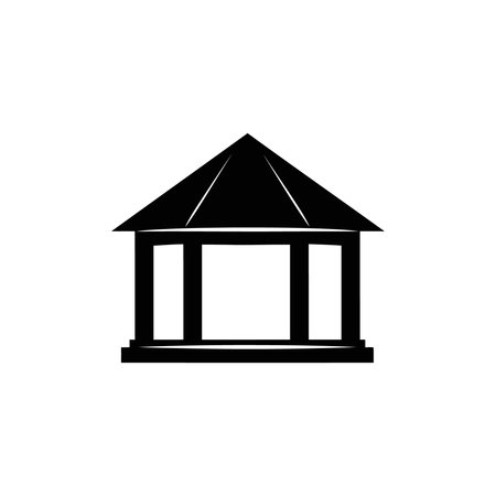 A minimalist black and white icon illustration of a small pavilion or gazebo structure. The design features a prominent pyramidal roof supported by thick columns or pillars, creating an open-air building aesthetic. The image uses solid black shapes against a plain white background, emphasizing simplicity and high contrast, suitable for a web icon, pictogram, or graphic design element related to real estate, architecture, or outdoor spaces.のイラスト素材