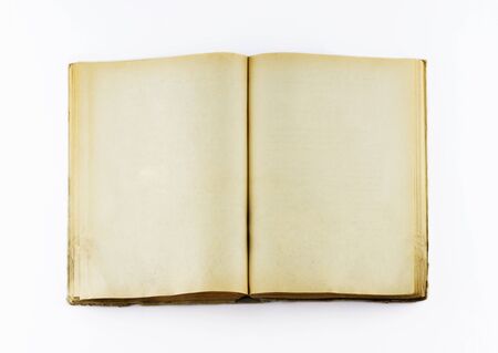Top view of blank open old book with grange pages on white background