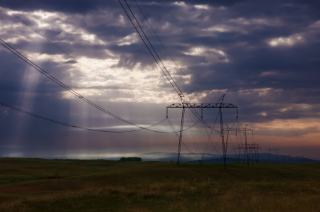 Power lines in beautiful morning.の写真素材