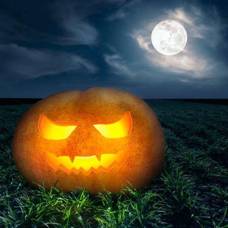 Halloween pumpkin at night on the empty green fieldの写真素材