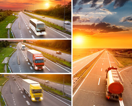 Transportation collage concept.Truck and bus on highway at sunsetの写真素材